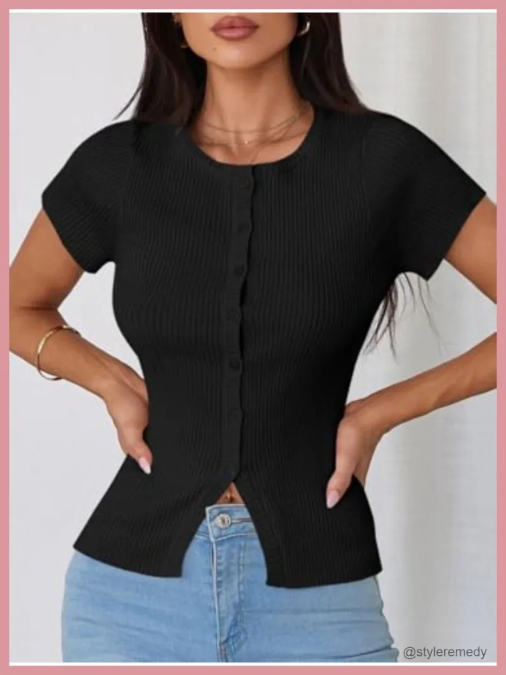 Short Sleeve Button Down Cropped Cardigan - Slim Fit Ribbed Knit Summer Top